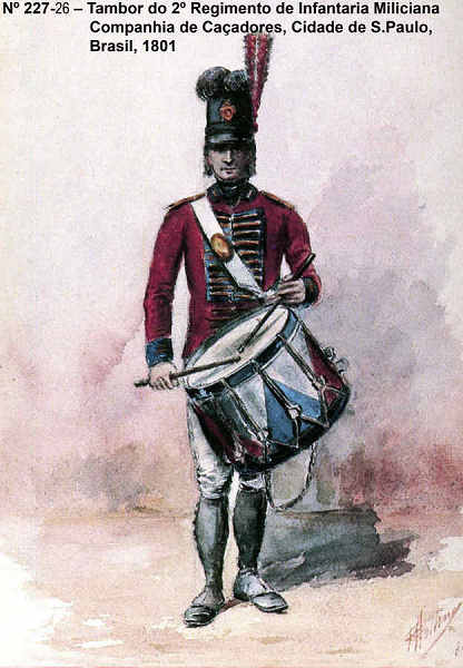 N� 227-26 - Tambor do 2� Regimento de Infantaria Miliciana, Companhia de Ca�adores, Cidade de S. Paulo, Brasil 1801 - Aguarela do Cor. Ribeiro Artur - Edi��o Jornal do Ex�rcito, 1987 - Dim. 15x10,3 cm - Col. A. Monge da Silva