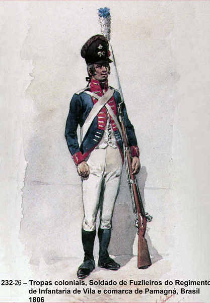 N� 232-26 - Tropas coloniais, Soldado de Fuzileiros do Regimento de Infantaria de Vila e comarca de Pamagn�, Brasil 1806 - Aguarela do Cor. Ribeiro Artur - Edi��o Jornal do Ex�rcito, 1987 - Dim. 15x10,3 cm - Col. A. Monge da Silva