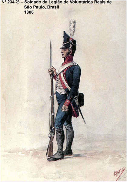 N� 234-26 - Soldado da Legi�o de Volunt�rios Reais de S. Paulo, Brasil 1806 - Aguarela do Cor. Ribeiro Artur - Edi��o Jornal do Ex�rcito, 1987 - Dim. 15x10,3 cm - Col. A. Monge da Silva