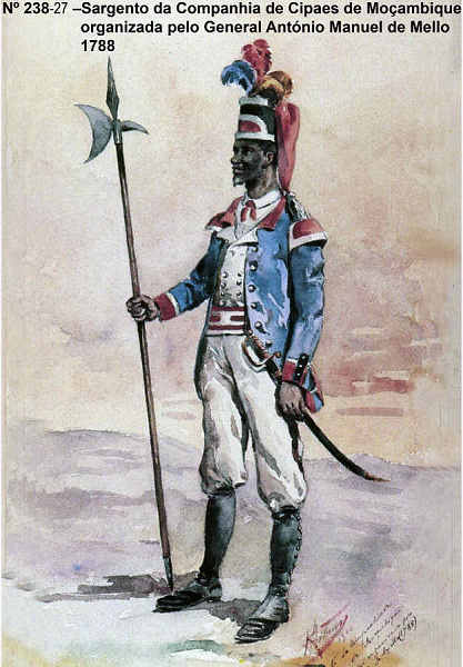 N� 238-27 - Sargento da Companhia de Cipaes de Mo�ambique, organizada pelo General Ant�nio Manuel de Mello, 1788 - Aguarela do Cor. Ribeiro Artur - Edi��o Jornal do Ex�rcito, 1987 - Dim. 15x10,3 cm - Col. A. Monge da Silva