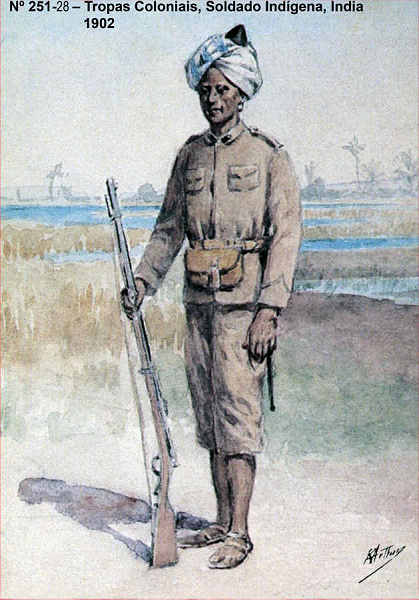 N� 251-28 - Tropas Coloniais, Soldado Ind�gena, �ndia, 1902 - Aguarela do Cor. Ribeiro Artur - Edi��o Jornal do Ex�rcito, 1987 - Dim. 15x10,3 cm - Col. A. Monge da Silva.