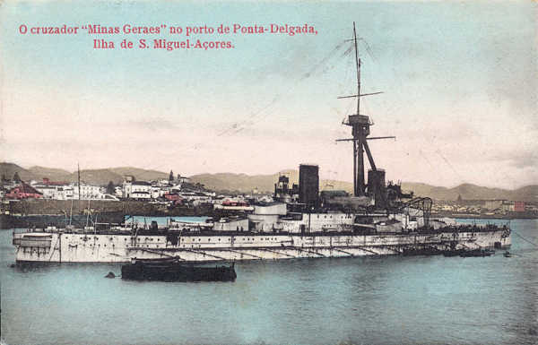 SN- Cruzador Brasileiro Minas Geraes em Ponta Delgada - Edi��o an�nima - Dim. 13,7x8,9 cm - Col. Am�lcar Monge da Silva (cerca de 1910)