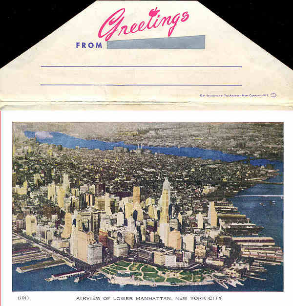 P 101 - New York City; c.1950 - Air view of Lower Manhattan - Editor �The American News Co�, New York - Dim. 15,3x10,2 cm - Col. A. Monge da Silva (cerca de 1950)