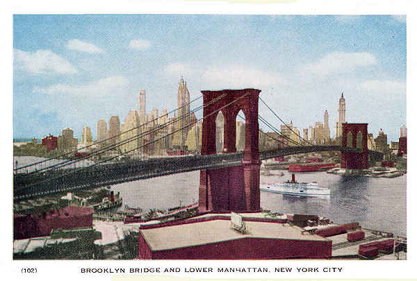 P 102 - New York City; c.1950 - Brooklyn Bridge and Lower Manhattan - Editor �The American News Co�, New York - Dim. 15,3x10,2 cm - Col. A. Monge da Silva (cerca de 1950)