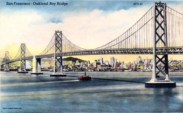 SF45 - San Francisco - Oakland Bay Bridge (1) - Edi��o an�nima Foto de Redwood Empire Assm - Dim. 13,7x8,8 cm - Col. Am�lcar Monge da Silva (1940)