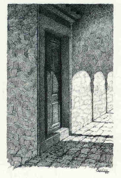 N� 10 - Ermida de Nossa Senhora do Monte - Portal - Desenho de Ars�nio Ressurrei��o - Edi��o Associa��o de Estudos e Defesa do Patrim�nio Hist�rico-Cultural de Santar�m - 1990 - Dim. 10,5x15,1cm - Col. Miguel Soares Lopes