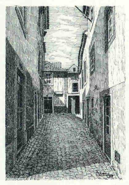 N� 2 - Beco da Cacaimba - Desenho de Ars�nio Ressurrei��o - Ed. da Associa��o de Defesa do Patrim�nio Hist�rico e Cultural de Santar�m - 1990 - Dim. 10,5x15,1 cm - Col. Miguel Soares Lopes