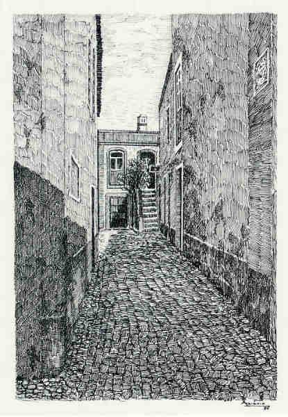 N� 7 - Beco das Atafonas - Desenho de Ars�nio Ressurrei��o - Ed. da Associa��o de Defesa do Patrim�nio Hist�rico e Cultural de Santar�m - 1990 - Dim. 10,5x15,1 cm - Col. Miguel Soares Lopes