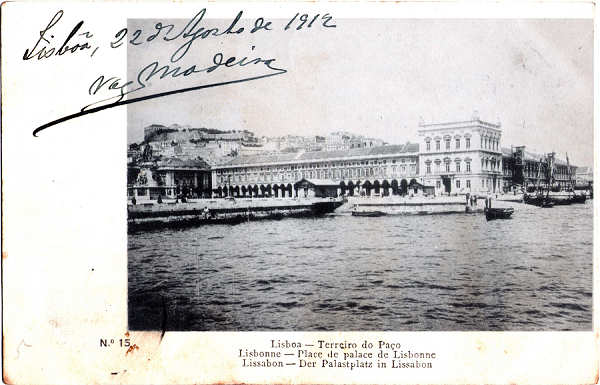 N� 15 - Terreiro do Pa�o - Edi��o dos correios - Dim. 140x91 mm - Usado em 22AGO1912 - Col. A. Monge da Silva (anterior a 1910)