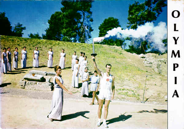 Ref� O 111 - Gr�cia ANTIGA OL�MPIA - Cerim�nia do acender e da recep��o da Chama Ol�mpica - Ed. "HANNIBAL" desde 1957 46, Kifissodotos Street Ano Petralona. Tel-Fax. 34533941, Athens 118 52 Greece - SD - Dim. 16,7x11,7 cm - Col. F�tima B�ia (2007)