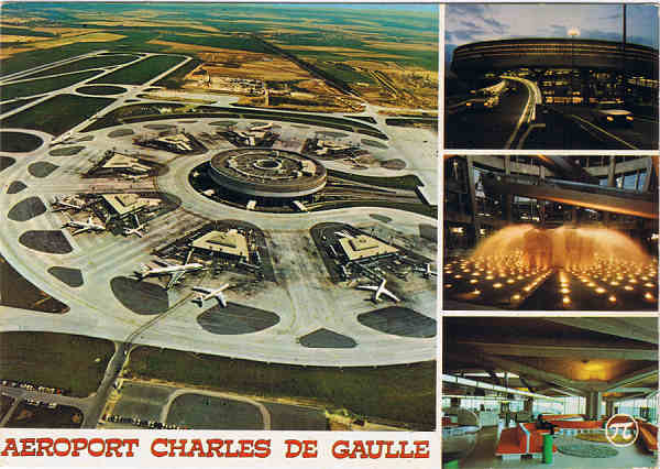 N.� 289 - ROISSY-EN-FRANCE - A�roport Charles-de-Gaulle. Vue a�rienne de l'a�rogare et des sept satellites. L'a�rogare de nuit. Les tubes de transfert des passagers. Vue int�rieure d'un satellite - Ed. P.I.38 rue Ste. Croix-de-la-Bretonnerie, Paris T�l. 887.89.18 - Imprim� en Italie - SD - Dim. 14,7x10,3 cm - Col. Manuel B�ia