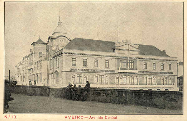 N.� 18 - AVEIRO Avenida Central - Edi��o Souto - Tip. da Sociedade de Papelaria, Lda, Porto - SD - Dim 14,2x9 cm. - Col FMSarmento.
