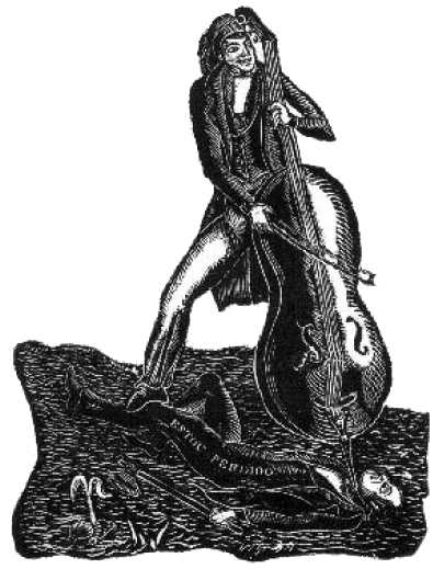 Tocando um rabecão com o instrumento apoiado na garganta de um corpo caído com a legenda «Estou perdido». Clicar para ampliar.