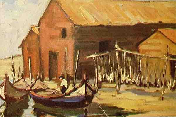 N.� 011 - AVEIRO-PORTUGAL: Bairro piscat�rio; Costa Nova do Prado; �lhavo; �leo sobre madeira; 1983 - Original de C�ndido Teles - Edi��o da Livraria Estante, Aveiro - Dimens�es: 14,9x9,9 cm. - Col. F�tima B�ia.