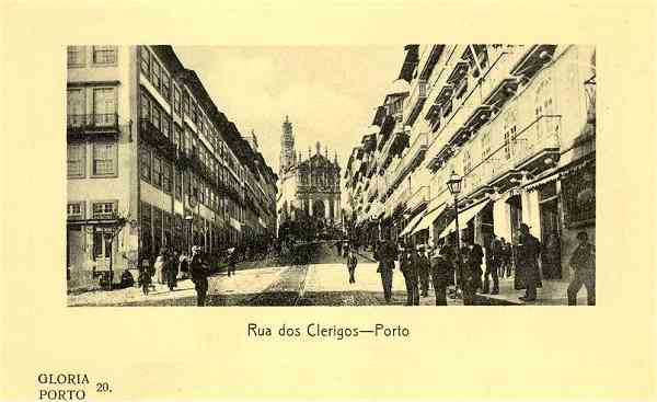N.� 20 - GLORIA.PORTO - Rua dos Clerigos-Porto - Sem o editor - S/D - Dimens�es: 14,1x8,9 cm - Col. Aur�lio Dinis Marta. [Dizeres atr�s: BILHETE POSTAL-CARTE POSTALE Tous les pays etrangers n'acceptent pas la correspondance au recto. Se renseigner � la poste.�]