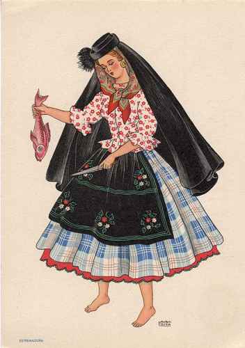 OLIVA - Saia de fazenda de grandes quadros sobre numerosas saias e saiotes. Blusa de - Lit. Nacional - S/D - Dimens�es: 15x10,5 cm - Colec��o M. F. Silva