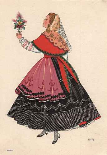 OLIVA - Camisa branca bordada nas mangas. Colete de rabichos. Capotilha de baeta vermelha. Saia de baeta-crepe. Avental de l�. Algibeira. Meias brancas. Chinelas. - Lit. Nacional - S/D - Dimens�es: 15x10,5 cm - Colec��o M. F. Silva