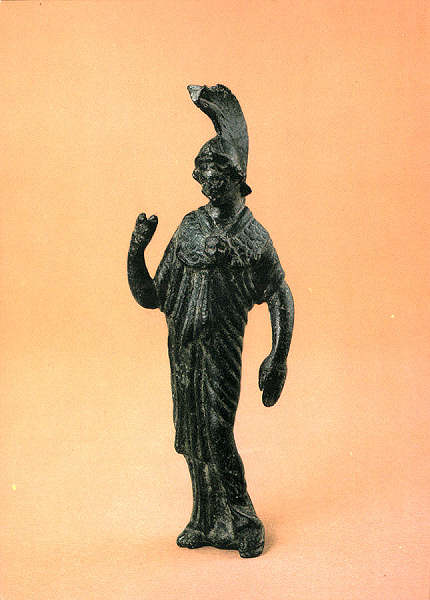 N.� 38 - MUSEU MONOGR�FICO DE CON�MBRIGA. Estatueta de bronze. Minerva - Fot�grafo DELFIM FERREIRA - Impressores EDARTE, Porto - SD - Dim. 14,6x10,5 cm. - Col. F�tima B�ia.