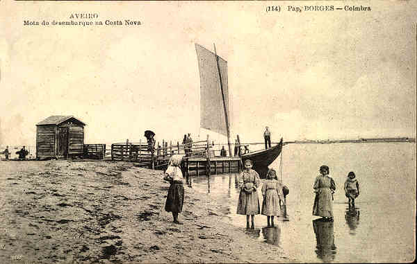 N� 114 - Aveiro-Mota do desembarque na Costa Nova - Ed. Papelaria Borges, Coimbra - SD - Dim. 14,1x9 cm. - Col. Paulo Neves.