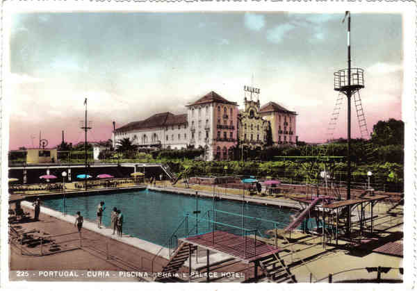 N.� 225 - Portugal-Curia-Piscina-Praia e Palace Hotel e Parque - Ed. Alexandre d 'Almeida - Dim. 15,0x10,5 cm - Cir. 8-1964 - Col. A. Sim�es (335-2).