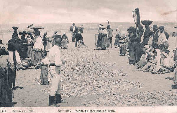 N� 117 - Portugal. Espinho - Venda da sardinha na praia - Editor Emilio Biel - Dim. 14x9 cm - Col. M. Chaby.