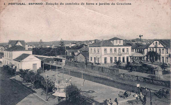 N� 1 - Portugal. Espinho. Esta��o do caminho de ferro e jardim da Graciosa - Edi��o an�nima de 1912 - Dim. 14x9 cm - Col.Miguel Chaby