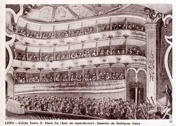 N.� 10 - LEIRIA-Teatro D. Maria Pia (sala de espect�culos)-Desenho de Rodrigues Vieira - Editor Comiss�o Cultural das Obras Sociais do Pessoal da C�mara Municipal de Leiria - Dimens�es: !5x10 cm. - Col. R. Gaspar.