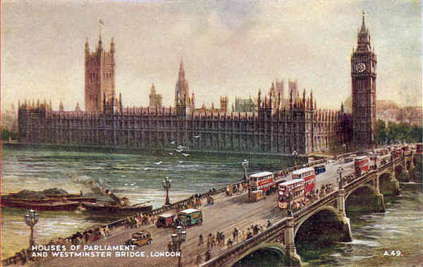 A49 - London, Houses of Parliament and Westminster Bridge - Reedi��o de Valentine & Suns em 1951 - Dim. 13,9x8,8 cm - Col. Am�lcar Monge da Silva (cerca de 1915)