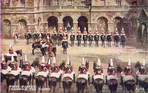 A133 - London, Horse Guards changing the guard - Reedi��o de Valentine & Suns em 1951 - Dim. 13,9x8,8 cm - Col. Am�lcar Monge da Silva (cerca de 1920)