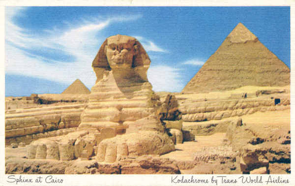 SN - TWA, Trans World Airlines  e a Esfingie perto do Cairo - Edi��o TWA - Dim. 14x8,9 cm - Col A Monge da Silva (c. 1948)