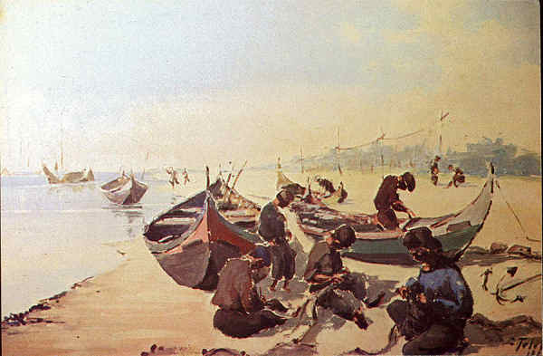 N.� 9 - AVEIRO Portugal  Pescadores da Ria de Aveiro. �leo sobre madeira de C�ndido Teles, 1982- Edi��o da Livraria Estante, Aveiro - S/D - Dimens�es: 15x10 cm. - Col. �nio Semedo.