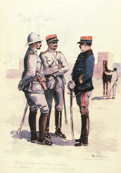 N� 05 - Oficiais de Infantaria (Uniforme de campanha) e Oficiais de Artilharia; Plano de Uniformes 1911 - Edi��o Museu Militar, 1989 - Dim. 14,8x10,4 cm -  Aguarela de Alberto de Sousa - Col. Am�lcar Monge da Silva