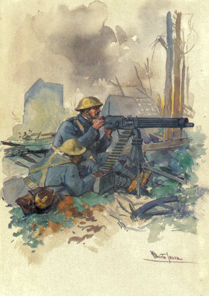 N� 26 - Militares manejando uma metralhadora pesada Vickers (C.E.P.-1916) - Edi��o Museu Militar, 1990 - Dim. 14,8x10,4 cm -  Aguarela de Alberto de Sousa - Col. Am�lcar Monge da Silva