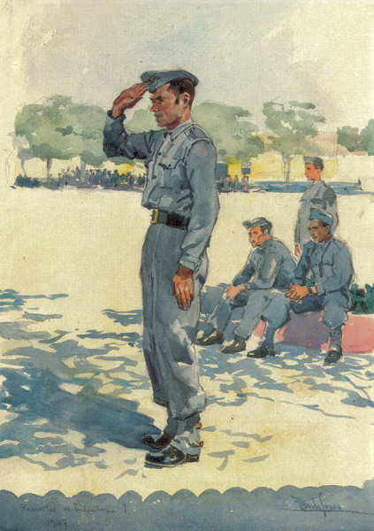 N� 28 - Recrutas de Infantaria 1 (1947) - Edi��o Museu Militar, 1990 - Dim. 14,8x10,4 cm -  Aguarela de Alberto de Sousa - Col. Am�lcar Monge da Silva
