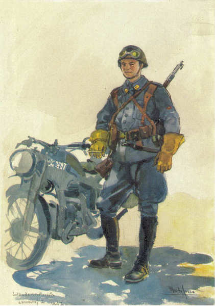 N� 33 - Soldado Motorista; Lanceiros 2 (1947) - Edi��o Museu Militar, 1990 - Dim. 14,8x10,4 cm -  Aguarela de Alberto de Sousa - Col. Am�lcar Monge da Silva