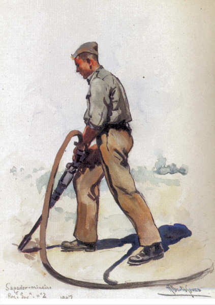 N� 40 - Sapador mineiro do Regimento de Engenharia n� 2 (1947) - Edi��o Museu Militar, 1991 - Dim. 14,8x10,4 cm -  Aguarela de Alberto de Sousa - Col. Am�lcar Monge da Silva