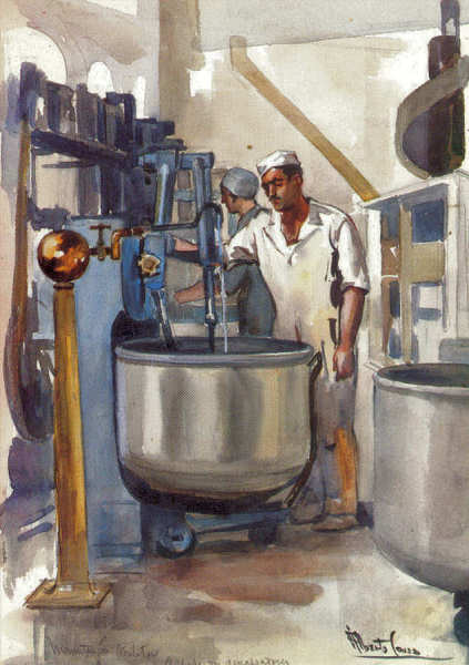 N� 48 - Manuten��o Militar; O chefe dos amassadores (1947) - Edi��o Museu Militar, 1991 - Dim. 14,8x10,4 cm -  Aguarela de Alberto de Sousa - Col. Am�lcar Monge da Silva