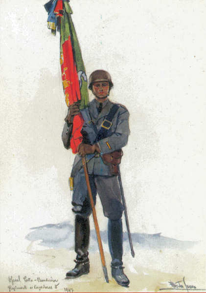 N� 50 - Oficial Porta Bandeira do Regimento de Ca�adores 5 (1947) - Edi��o Museu Militar, 1991 - Dim. 14,8x10,4 cm -  Aguarela de Alberto de Sousa - Col. Am�lcar Monge da Silva