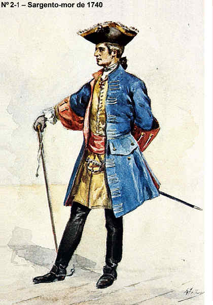 n� 2-1 - Sargento-mor de 1740 - Aguarela do Cor. Ribeiro Artur - Edi��o Jornal do Ex�rcito, 1983 - Dim. 15x10,5 cm - Col. A. Monge da Silva.