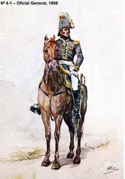 N� 4-1 - Oficial General, 1806 - Aguarela do Cor. Ribeiro Artur - Edi��o Jornal do Ex�rcito, 1983 - Dim. 15x10,5 cm - Col. A. Monge da Silva.