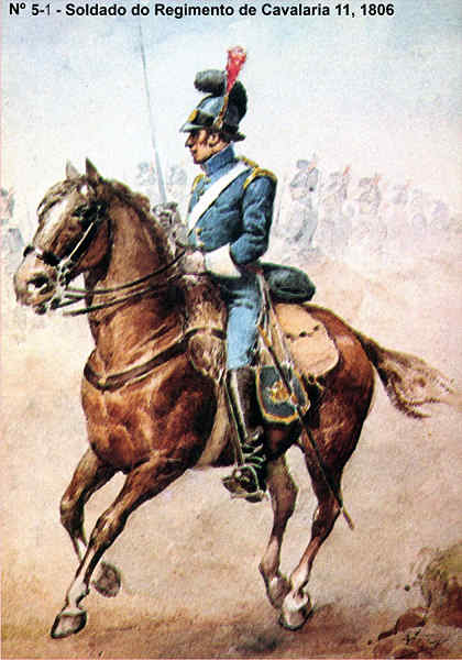 N� 5-1 - Soldado do Regimento de Cavalaria 11, 1806 - Aguarela do Cor. Ribeiro Artur - Edi��o Jornal do Ex�rcito, 1983 - Dim. 15x10,5 cm - Col. A. Monge da Silva.