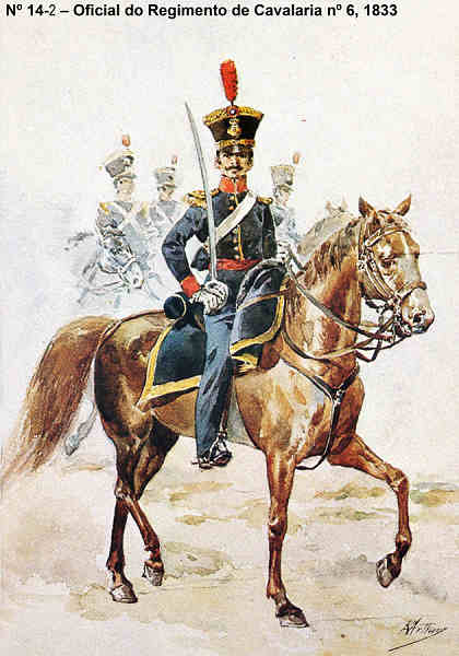 N� 14-2 - Oficial do Regimento de Cavalaria n� 6, 1833 - Aguarela do Cor. Ribeiro Artur - Edi��o Jornal do Ex�rcito, 1983 - Dim. 15x10,5 cm - Col. A. Monge da Silva.