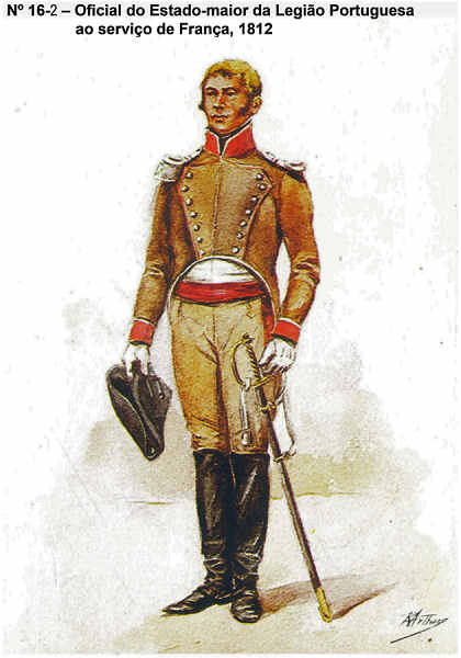 N� 16-2 - Oficial do Estado-maior da Legi�o Portuguesa ao servi�o de Fran�a, 1812 - Aguarela do Cor. Ribeiro Artur - Edi��o Jornal do Ex�rcito, 1983 - Dim. 15x10,5 cm - Col. A. Monge da Silva.