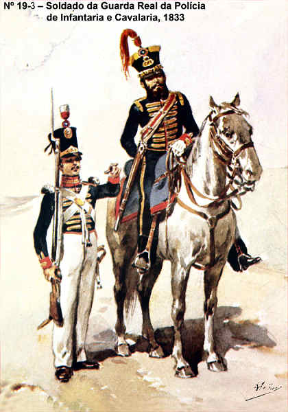 N� 19-3 - Soldado da Guarda Real da Pol�cia de Infantaria e Cavalaria, 1833 - Aguarela do Cor. Ribeiro Artur - Edi��o Jornal do Ex�rcito, 1983 - Dim. 15x10,5 cm - Col. A. Monge da Silva.