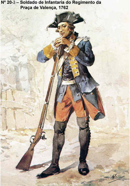 N� 20-3 - Soldado de Infantaria do Regimento da Pra�a de Valen�a, 1762 - Aguarela do Cor. Ribeiro Artur - Edi��o Jornal do Ex�rcito, 1983 - Dim. 15x10,5 cm - Col. A. Monge da Silva.
