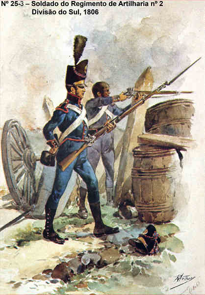 N� 25-3 - Soldado do Regimento de Artilharia n� 2, Divis�o do Sul, 1806 - Aguarela do Cor. Ribeiro Artur - Edi��o Jornal do Ex�rcito, 1983 - Dim. 15x10,5 cm - Col. A. Monge da Silva