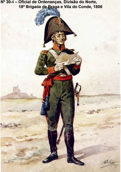 N� 30-4 - Oficial de Ordenan�as, Divis�o do Norte, 18� Brigada de Braga e Vila do Conde, 1806 - Aguarela do Cor. Ribeiro Artur - Edi��o Jornal do Ex�rcito, 1983 - Dim. 15x10,5 cm - Col. A. Monge da Silva