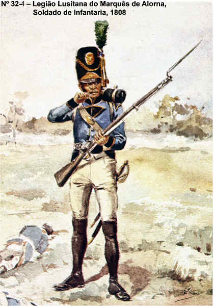 N� 32-4 - Legi�o Lusitana do Marqu�s de Alorna, Soldado de Infantaria, 1808 - Aguarela do Cor. Ribeiro Artur - Edi��o Jornal do Ex�rcito, 1983 - Dim. 15x10,5 cm - Col. A. Monge da Silva