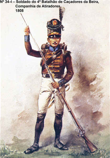 N� 34-4 - Soldado do 4� Batalh�o de Ca�adores da Beira, companhia de Atiradores, 1808 - Aguarela do Cor. Ribeiro Artur - Edi��o Jornal do Ex�rcito, 1983 - Dim. 15x10,5 cm - Col. A. Monge da Silva