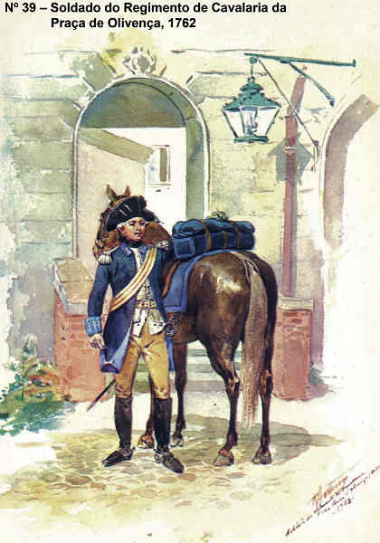 N� 39 - Soldado do Regimento de Cavalaria da Pra�a de Oliven�a, 1762 - Aguarela do Cor. Ribeiro Artur - Edi��o Jornal do Ex�rcito S/D (1983?) - Dim. 15x10,5 cm - Col. A. Monge da Silva